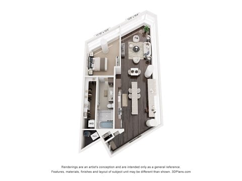 Floor plan for 1 bed, 1 bath, 1022 sqft